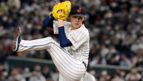 FILE - Roki Sasaki, of Japan pitches, during their Pool B game against the Czech Republic at the World Baseball Classic at the Tokyo Dome, Japan, Saturday, March 11, 2023.