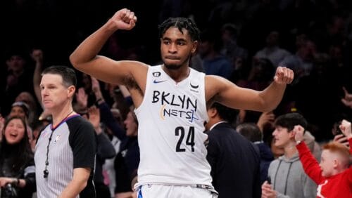 Cam Thomas #24 of the Brooklyn Nets celebrates after defeating the Washington Wizards 125-123 at Barclays Center on February 04, 2023 in New York City.