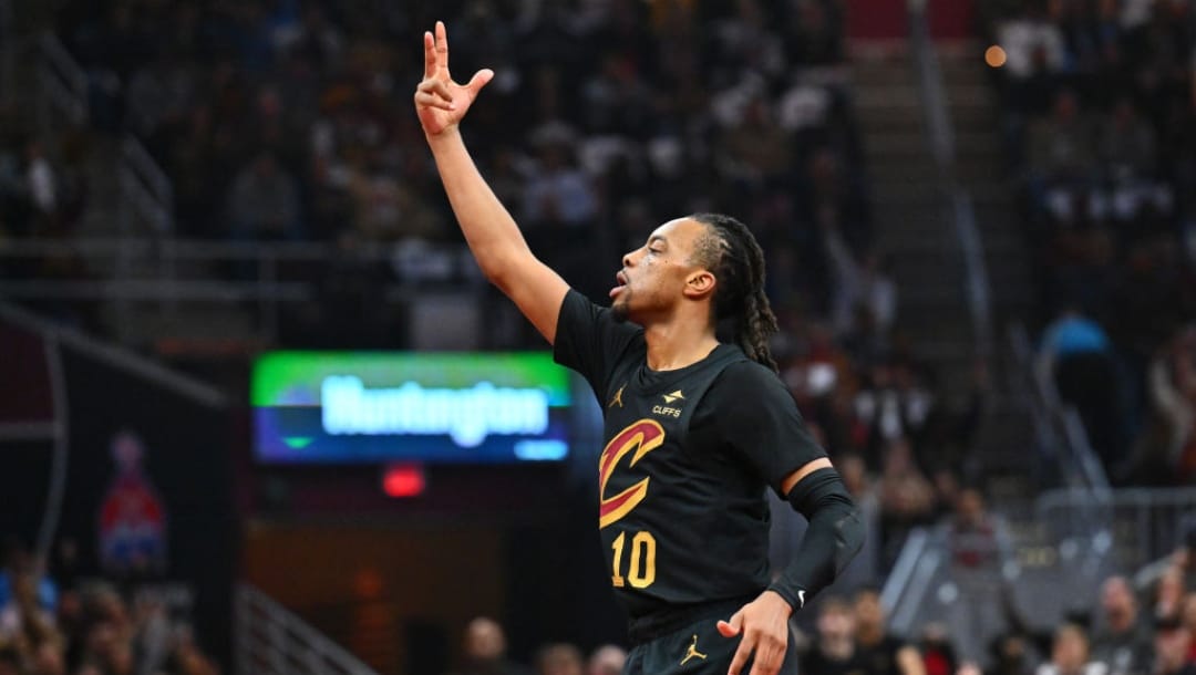 CLEVELAND, OHIO - NOVEMBER 15: Darius Garland #10 of the Cleveland Cavaliers celebrates after scoring during the first quarter of the Emirates NBA Cup game against the Chicago Bulls at Rocket Mortgage Fieldhouse on November 15, 2024 in Cleveland, Ohio. NOTE TO USER: User expressly acknowledges and agrees that, by downloading and or using this photograph, User is consenting to the terms and conditions of the Getty Images License Agreement.