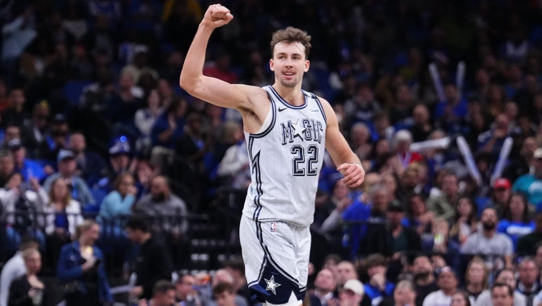 Franz Wagner #22 of the Orlando Magic reacts during the third quarter against the Detroit Pistons at Kia Center on November 23, 2024 in Orlando, Florida.