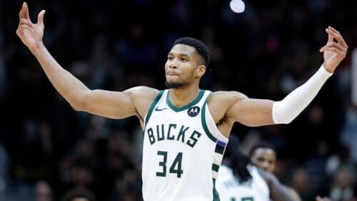 Giannis Antetokounmpo #34 of the Milwaukee Bucks reacts after an overtime victory against the Detroit Pistons at Fiserv Forum on November 13, 2024 in Milwaukee, Wisconsin.