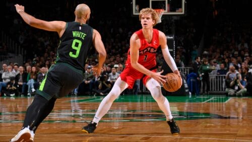 Gradey Dick #1 of the Toronto Raptors shoots the ball during the game against the Boston Celtics on November 16, 2024 at TD Garden in Boston, Massachusetts.