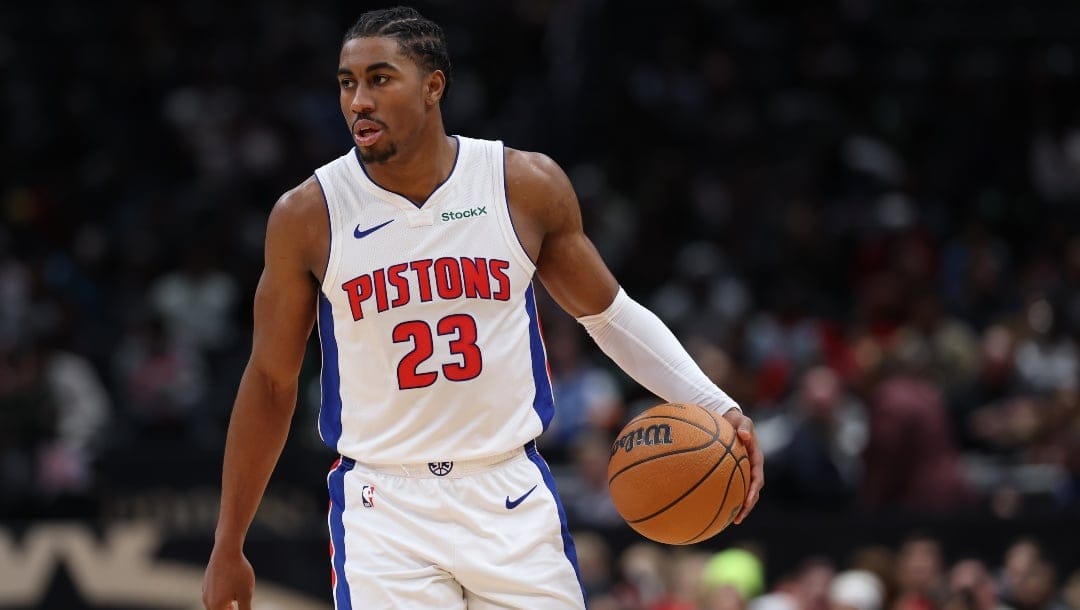 Jaden Ivey #23 of the Detroit Pistons dribbles the ball against the Washington Wizards during the second half at Capital One Arena on November 17, 2024 in Washington, DC.