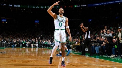 Jayson Tatum #0 of the Boston Celtics celebrates three point basket during the game against the Minnesota Timberwolves on November 24, 2024 at the TD Garden in Boston, Massachusetts.