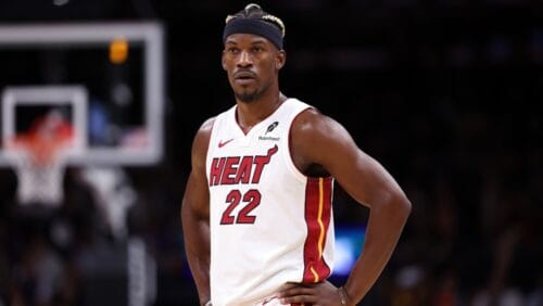 Jimmy Butler #22 of the Miami Heat looks on during the game against the Phoenix Suns at Footprint Center on November 06, 2024 in Phoenix, Arizona.