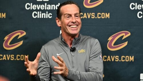 Kenny Atkinson the new head coach of the Cleveland Cavaliers talks to the media during a press conference at Cleveland Clinic Courts on July 01, 2024 in Independence, Ohio.