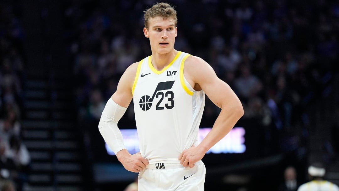 Lauri Markkanen #23 of the Utah Jazz looks on against the Sacramento Kings during the second quarter of an NBA basketball game at Golden 1 Center on November 16, 2024 in Sacramento, California.