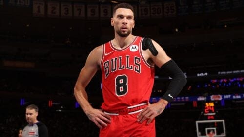 Zach LaVine #8 of the Chicago Bulls looks on during the game against the New York Knicks on November 13, 2024 at Madison Square Garden in New York City, New York.