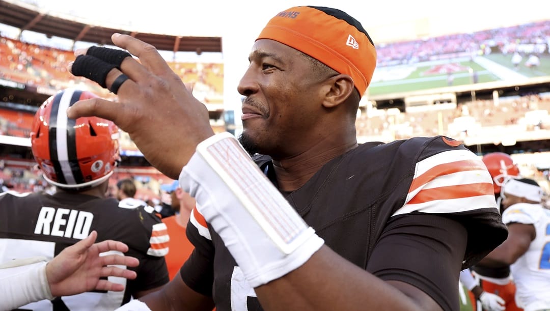 Cleveland Browns quarterback Jameis Winston (5) walks on the field after an NFL football game against the Los Angeles Chargers, Sunday, Nov. 3, 2024, in Cleveland.