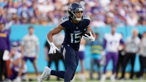 Tennessee Titans wide receiver Nick Westbrook-Ikhine (15) plays during the second half of an NFL football game against the Minnesota Vikings, Sunday, Nov. 17, 2024, in Nashville, Tenn.