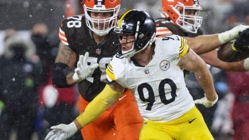 Pittsburgh Steelers linebacker T.J. Watt (90) rushes during an NFL football game against the Cleveland Browns, Thursday, Nov. 21, 2024, in Cleveland, Ohio. The Browns defeated the Steelers 24-19. (AP Photo/Gary McCullough)