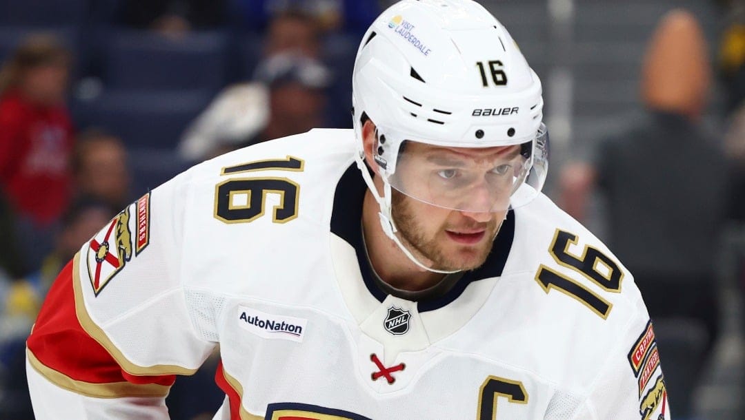 Florida Panthers center Aleksander Barkov (16) lines up for a face off during the second period of an NHL hockey game against the Buffalo Sabres, Monday, Oct. 28, 2024, in Buffalo, N.Y.