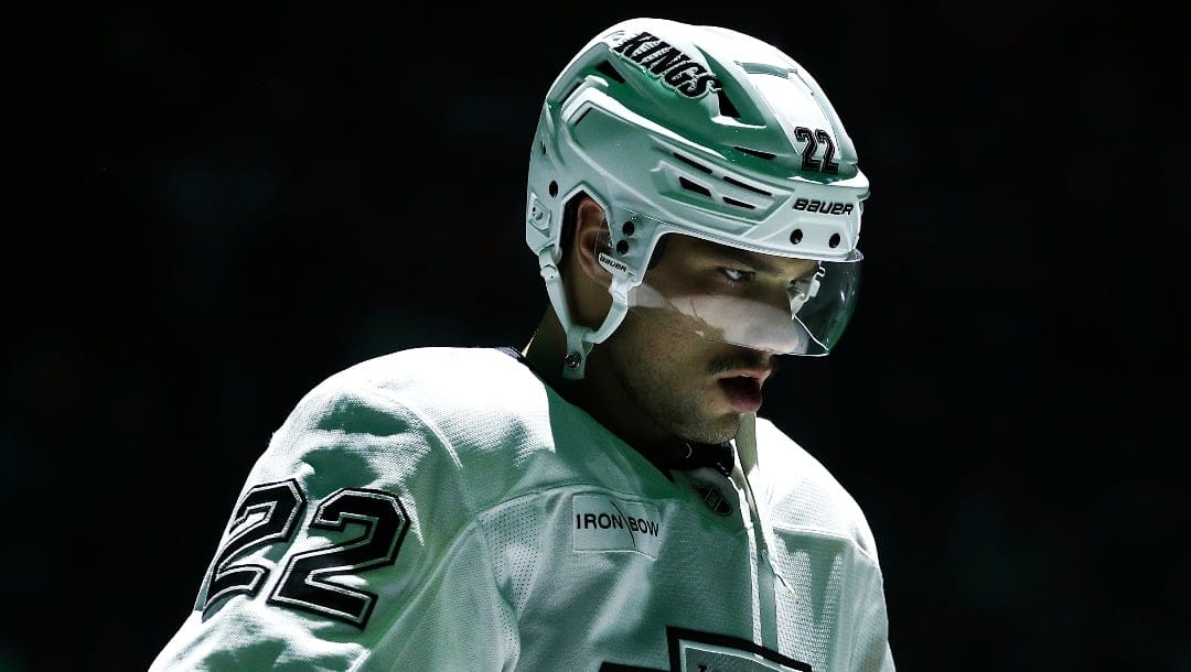 Los Angeles Kings left wing Kevin Fiala (22) looks on before an NHL hockey game against the Minnesota Wild Tuesday, Nov. 5, 2024, in St. Paul, Minn. (AP Photo/Matt Krohn)