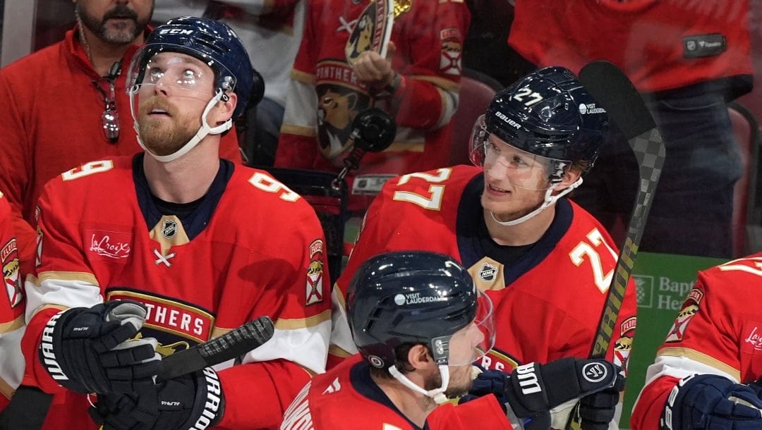 Florida Panthers defenseman Dmitry Kulikov (7) is congratulated after scoring during the third period of an NHL hockey game against the Winnipeg Jets, Saturday, Nov. 16, 2024, in Sunrise, Fla.