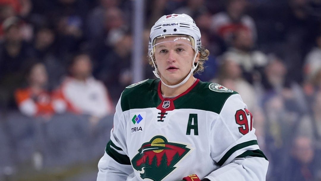 Minnesota Wild's Kirill Kaprizov plays during an NHL hockey game, Saturday, Oct. 26, 2024, in Philadelphia.