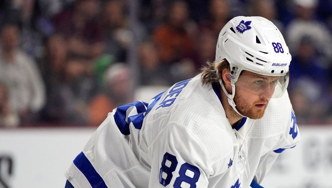 Toronto Maple Leafs right wing William Nylander (88) in the first period during an NHL hockey game against the Arizona Coyotes, Wednesday, Feb. 21, 2024, in Tempe, Ariz. (AP Photo/Rick Scuteri)