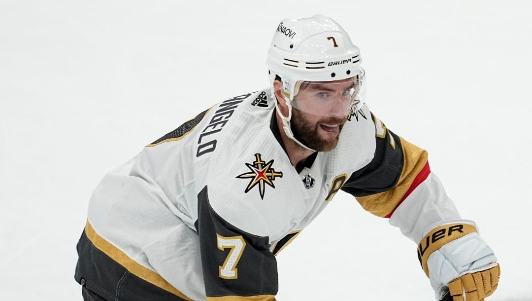 Vegas Golden Knights' Alex Pietrangelo controls the puck in Game 5 of an NHL hockey Stanley Cup first-round playoff series against the Dallas Stars in Dallas, Wednesday, May 1, 2024. (AP Photo/Tony Gutierrez)