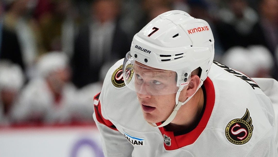 Ottawa Senators left wing Brady Tkachuk (7) in the second period of an NHL hockey game Sunday, Oct. 27, 2024, in Denver. (AP Photo/David Zalubowski)