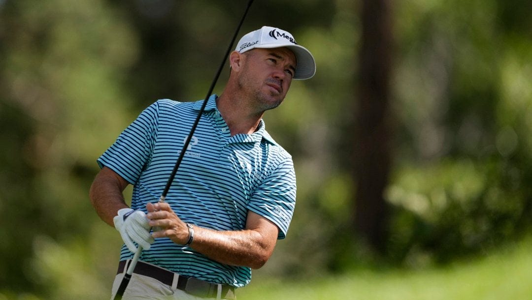 Brian Harman hits off the second tee during the third round of the BMW Championship golf event at Castle Pines Golf Club, Saturday, Aug. 24, 2024, in Castle Rock, Colo.