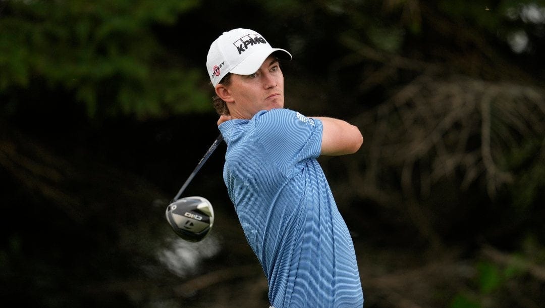 Maverick McNealy hits off the tee on the second hole during the second round of the 3M Open golf tournament at the Tournament Players Club, Friday, July 26, 2024, in Blaine, Minn.