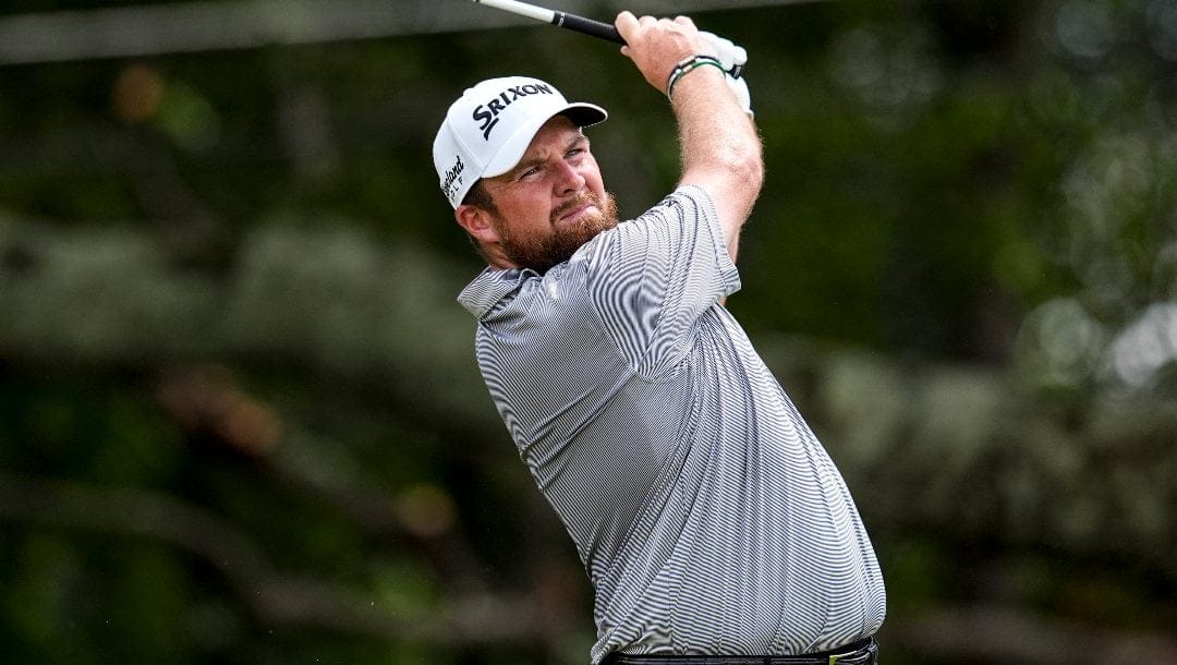 Shane Lowry, of Ireland, hits from the third tee during the second round of the Tour Championship golf tournament, Friday, Aug. 30, 2024, in Atlanta.