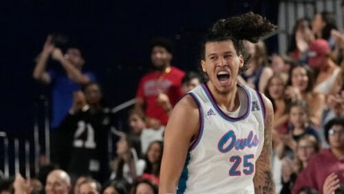 Florida Atlantic forward Tre Carroll (25) gestures after scoring and drawing a foul during the second half of an NCAA college basketball game against Tulsa, Saturday, Feb. 3, 2024, in Boca Raton, Fla. (AP Photo/Marta Lavandier)