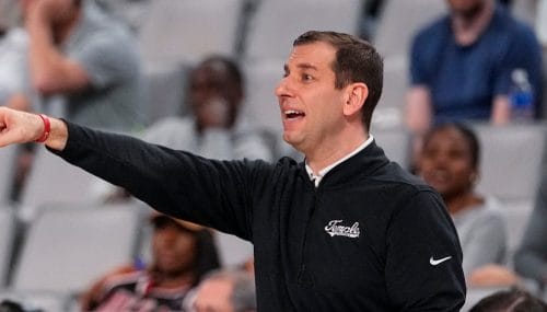 Temple head coach Adam Fisher reacts during the first half of an NCAA college basketball game in the championship of the American Athletic Conference tournament against UAB, Sunday, March 17, 2024, in Fort Worth, Texas. (AP Photo/Julio Cortez)