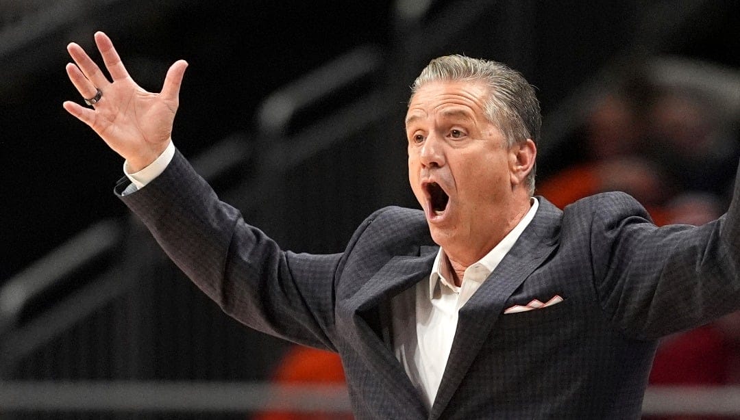 Arkansas head coach John Calipari reacts during the first half of an NCAA college basketball game against Illinois, Thursday, Nov. 28, 2024, in Kansas City, Mo. (AP Photo/Charlie Riedel)