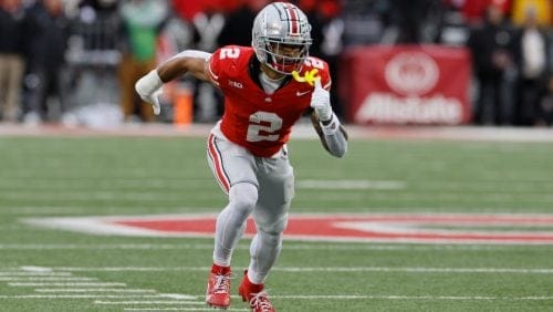 Ohio State receiver Emeka Egbuka plays against Indiana during an NCAA college football game Saturday, Nov. 23, 2024, in Columbus, Ohio.