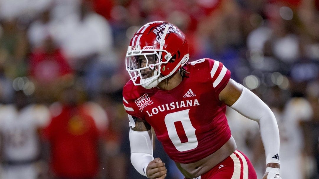 Louisiana-Lafayette defensive lineman Jordan Lawson (0) runs during an NCAA football game against Grambling State on Saturday, Aug. 31, 2024, in Lafayette, La.