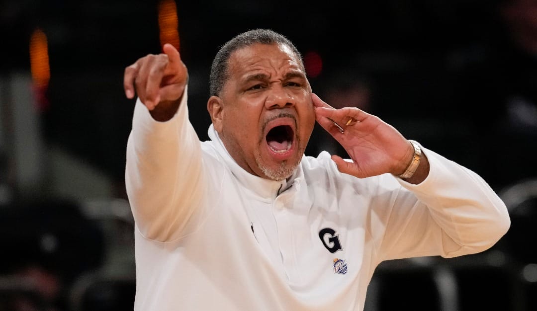 Georgetown head coach Ed Cooley reacts during the first half of an NCAA college basketball game against Providence in the first round of the Big East Conference tournament, Wednesday, March 13, 2024, in New York.(AP Photo/Mary Altaffer)