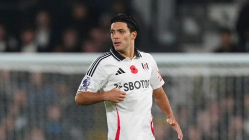 Fulham's Raul Jimenez runs into position during the English Premier League soccer match between Fulham and Brentford, at the Craven Cottage Stadium in London, Monday, Nov 4, 2024.