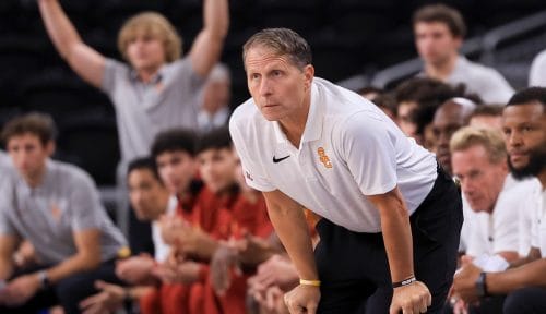 Southern California head coach Eric Musselman during the second half of an exhibition NCAA college basketball game, Saturday, Oct. 26, 2024, in Palm Desert, Calif. (AP Photo/Ryan Sun)