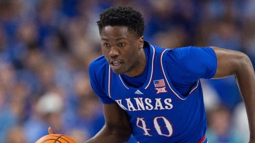 Kansas' Flory Bidunga (40) plays against Creighton during an NCAA college basketball game Wednesday, Dec. 4, 2024, in Omaha, Neb. Creighton defeated Kansas 76-63. (AP Photo/Rebecca S. Gratz)