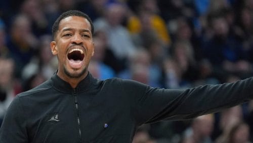 Providence head coach Kim English reacts during the first half of an NCAA college basketball game Wednesday, Feb. 28, 2024, in Milwaukee. (AP Photo/Morry Gash)