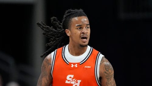 Sam Houston State guard Lamar Wilkerson celebrates sinking a basket against Baylor during an NCAA college basketball game in Waco, Texas, Tuesday, Nov. 12, 2024. (AP Photo/Tony Gutierrez)