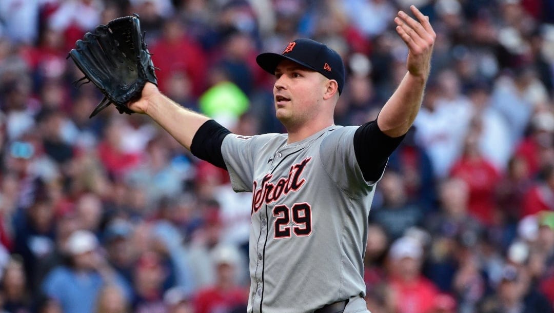 Detroit Tigers starting pitcher Tarik Skubal gestures after a double play ends the sixth inning during Game 2 of baseball's AL Division Series against the Cleveland Guardians, Monday, Oct. 7, 2024, in Cleveland.