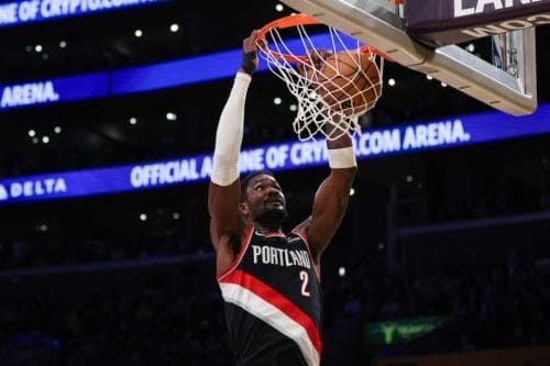 LOS ANGELES, CALIFORNIA - DECEMBER 08: Deandre Ayton #2 of the Portland Trail Blazers dunks the ball in the first half against the Los Angeles Lakers at Crypto.com Arena on December 08, 2024 in Los Angeles, California. NOTE TO USER: User expressly acknowledges and agrees that, by downloading and or using this Photograph, user is consenting to the terms and conditions of the Getty Images License Agreement.