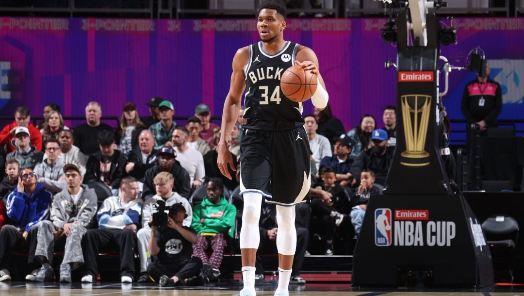 Giannis Antetokounmpo #34 of the Milwaukee Bucks dribbles the ball during the game against the Atlanta Hawks during the Emirates NBA Cup Semifinal game on December 14, 2024 at T-Mobile Arena in Las Vegas, Nevada.