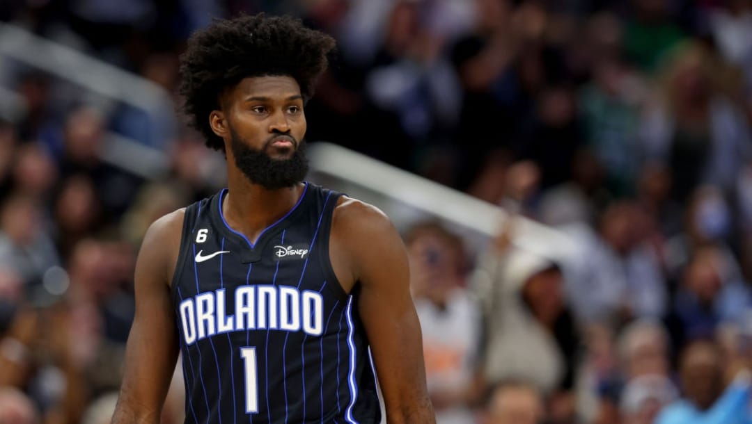 ORLANDO, FLORIDA - JANUARY 23: Jonathan Isaac #1 of the Orlando Magic looks on during a game against the Boston Celtics at Amway Center on January 23, 2023 in Orlando, Florida. NOTE TO USER: User expressly acknowledges and agrees that, by downloading and or using this photograph, User is consenting to the terms and conditions of the Getty Images License Agreement.