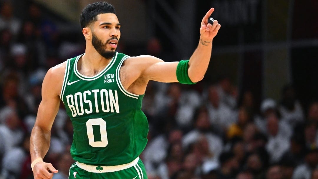 Jayson Tatum #0 of the Boston Celtics reacts after scoring a basket against the Cleveland Cavaliers during the third quarter in Game Three of the Eastern Conference Second Round Playoffs at Rocket Mortgage Fieldhouse on May 11, 2024 in Cleveland, Ohio.