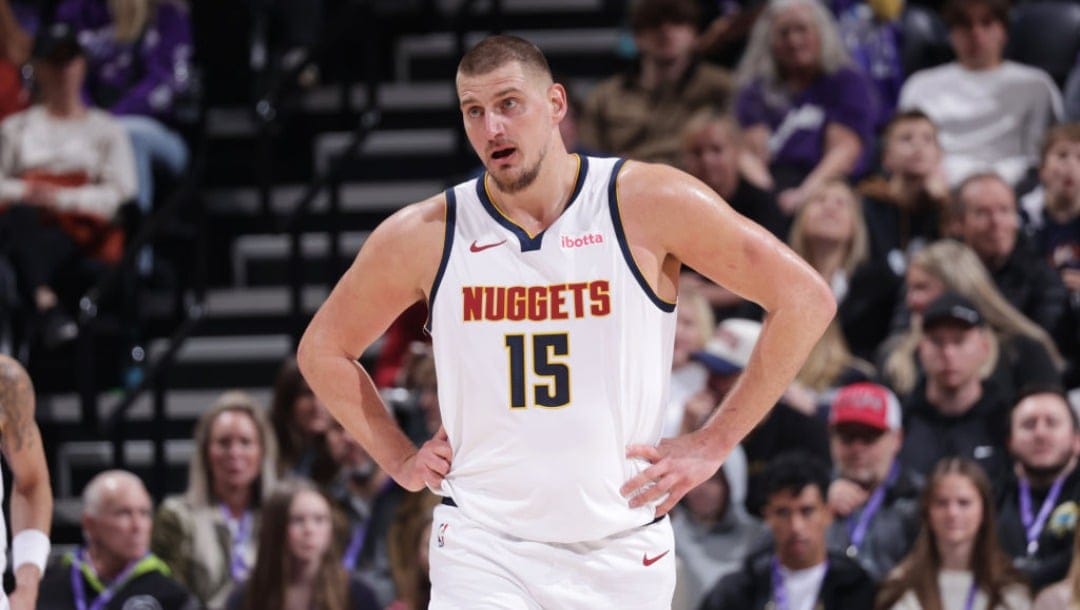 SALT LAKE CITY, UT - WEDNESDAY 27: Nikola Jokic #15 of the Denver Nuggets looks on during the game against the Utah Jazz on Wednesday 27, 2024 at vivint.SmartHome Arena in Salt Lake City, Utah. NOTE TO USER: User expressly acknowledges and agrees that, by downloading and or using this Photograph, User is consenting to the terms and conditions of the Getty Images License Agreement. Mandatory Copyright Notice: Copyright 2024 NBAE