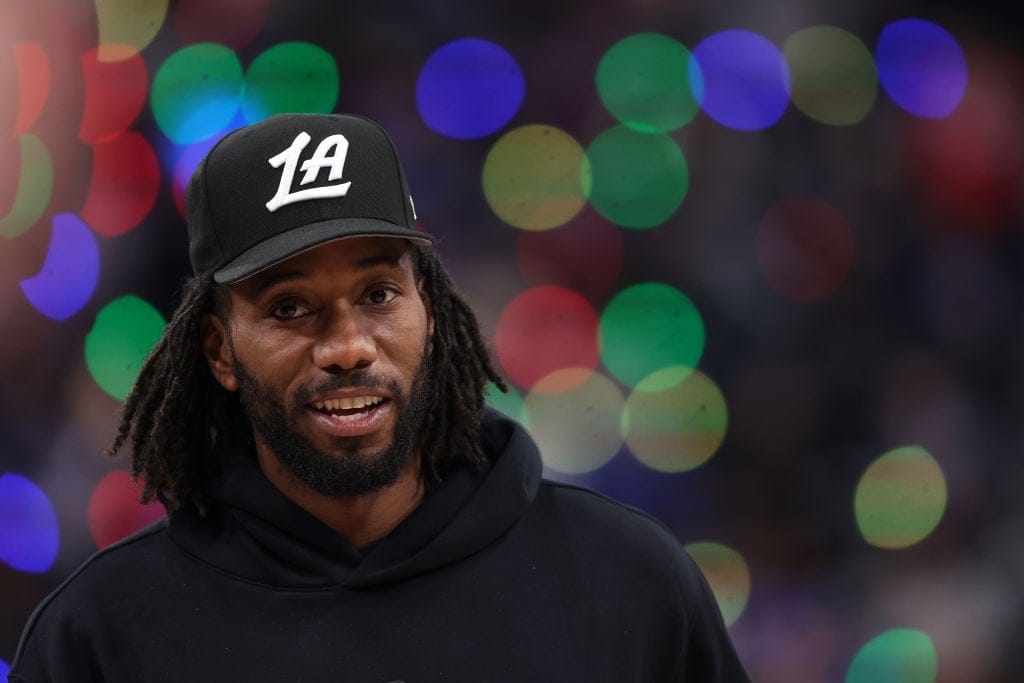 INGLEWOOD, CALIFORNIA - NOVEMBER 09: Kawhi Leonard #2 of the LA Clippers looks on during the first half of a game against the Toronto Raptors at Intuit Dome on November 09, 2024 in Inglewood, California. NOTE TO USER: User expressly acknowledges and agrees that, by downloading and/or using this photograph, user is consenting to the terms and conditions of the Getty Images License Agreement.