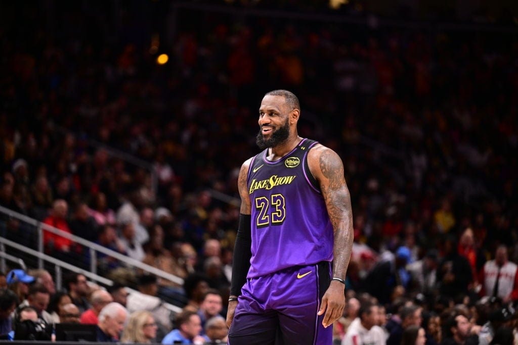 ATLANTA, GA - DECEMBER 6: LeBron James #23 of the Los Angeles Lakers smiles during the game against the Atlanta Hawks on December 6, 2024 at State Farm Arena in Atlanta, Georgia. NOTE TO USER: User expressly acknowledges and agrees that, by downloading and/or using this Photograph, user is consenting to the terms and conditions of the Getty Images License Agreement. Mandatory Copyright Notice: Copyright 2024 NBAE