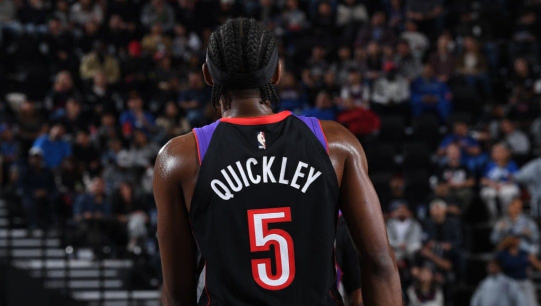 INGLEWOOD, CA - NOVEMBER 9: Immanuel Quickley #5 of the Toronto Raptors looks on during the game against the LA Clippers on November 9, 2024 at Intuit Dome in Los Angeles, California. NOTE TO USER: User expressly acknowledges and agrees that, by downloading and/or using this Photograph, user is consenting to the terms and conditions of the Getty Images License Agreement. Mandatory Copyright Notice: Copyright 2024 NBAE