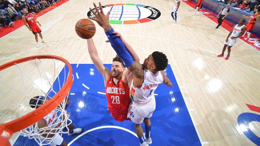 PHILADELPHIA, PA - NOVEMBER 27: Alperen Sengun #28 of the Houston Rockets drives to the basket during the game against the Philadelphia 76ers on November 27, 2024 at the Wells Fargo Center in Philadelphia, Pennsylvania.