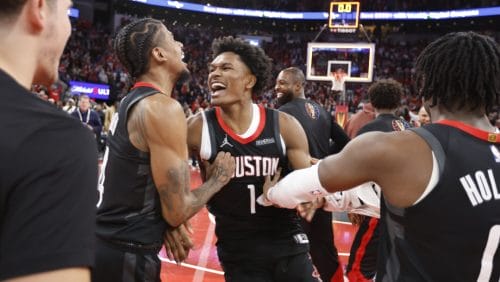 Jalen Green #4 and Amen Thompson #1 of the Houston Rockets celebrates after the game against the Golden State Warriors during the Emirates NBA Cup Quarterfinals on December 11, 2024 at the Toyota Center in Houston, Texas.