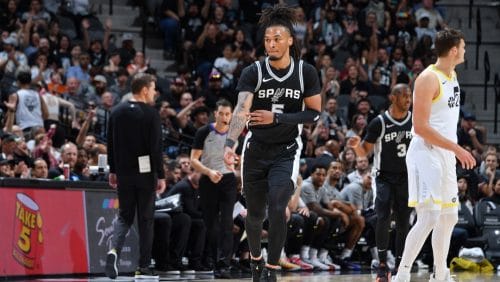 Stephon Castle #5 of the San Antonio Spurs celebrates three point basket during the game against the Utah Jazz on November 9, 2024 at the Frost Bank Center in San Antonio, Texas.