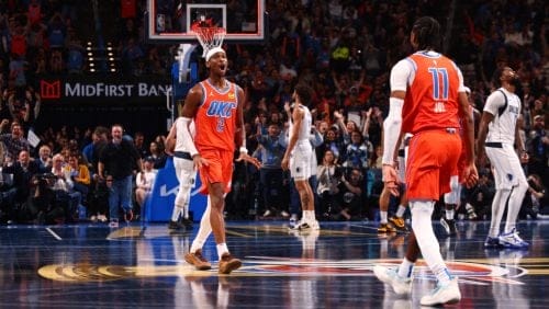 Shai Gilgeous-Alexander #2 of the Oklahoma City Thunder celebrates during the game against the Dallas Mavericks during the Emirates NBA Cup Quarterfinals on December 10, 2024 at Paycom Center in Oklahoma City, Oklahoma.