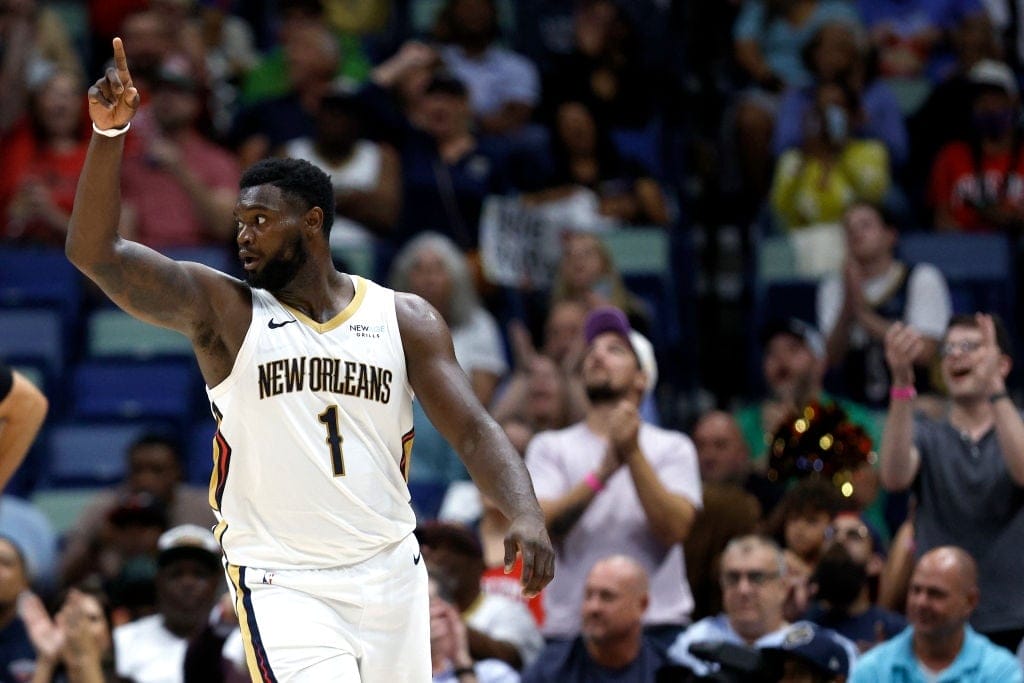 NEW ORLEANS, LOUISIANA - NOVEMBER 01: Zion Williamson #1 of the New Orleans Pelicans reacts after scoring during an NBA game against the Indiana Pacers at Smoothie King Center on November 01, 2024 in New Orleans, Louisiana. NOTE TO USER: User expressly acknowledges and agrees that, by downloading and or using this photograph, User is consenting to the terms and conditions of the Getty Images License Agreement.